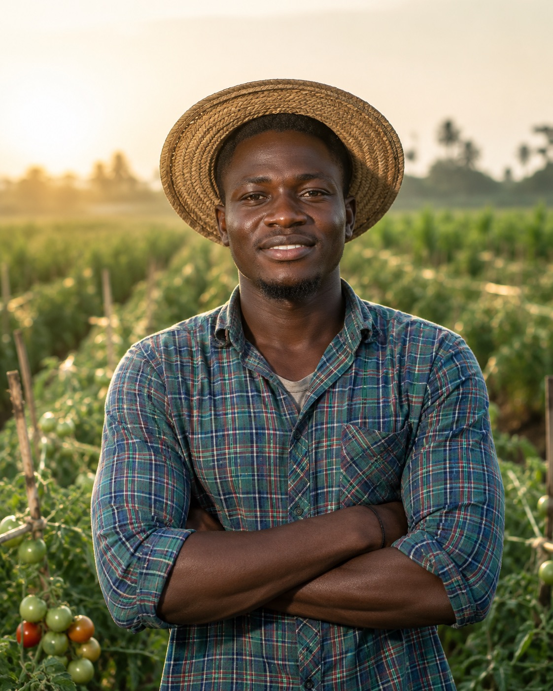 Illustrative portrait of Adamu standing among tomato rows