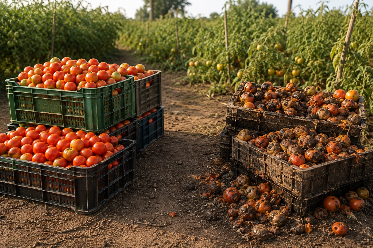 Illustrative crates of healthy and spoiled tomatoes