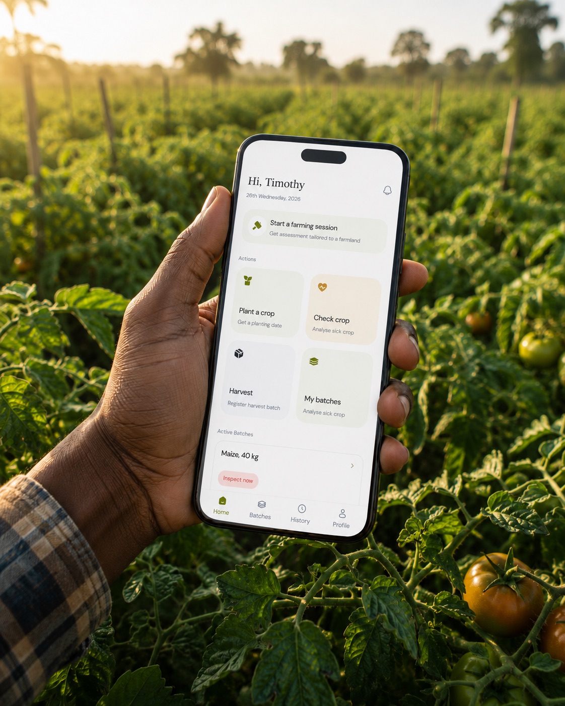 Illustrative OpenFarms screen on a phone in a tomato field